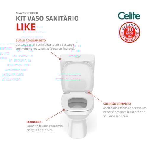 Kit Vaso Sanitário Completo Com Caixa Acoplada Assento Polipropileno Componentes De Instalação Like Branco Celite - Imagem principal - aa935616-3f4a-45af-90df-44589c6c75cf