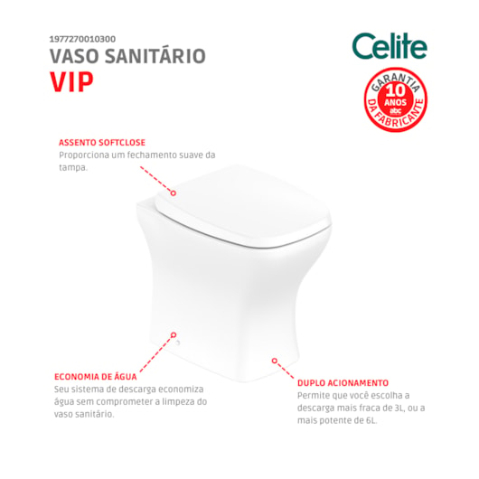 Kit Vaso Sanitário Convencional Assento PP Softclose e Itens de instalação Vip Branco Celite - Imagem principal - 26c12b8c-e87b-4885-9ceb-6d3615117c81