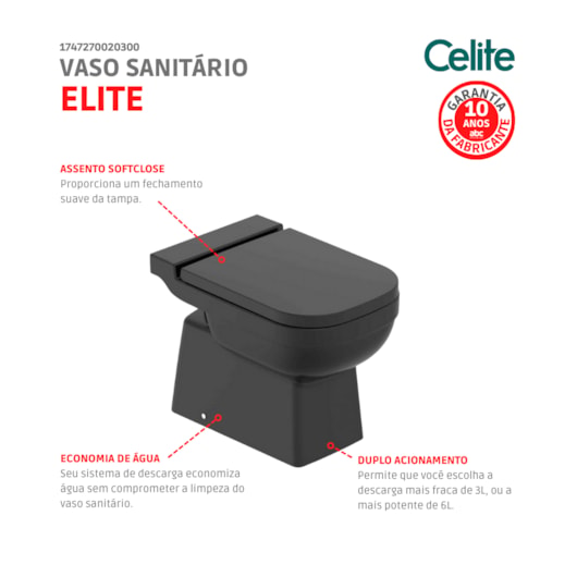 Kit Vaso Sanitário Convencional Com Acessórios De Instalaçao E Assento Sanitário Pp Sc Elite Preto Brilho Celite - Imagem principal - 7bc78b86-c39f-4577-99c3-987b607d6edc