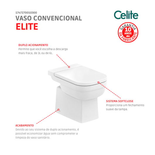 Kit Vaso Sanitário Convencional com Acessórios De Instalação E Assento SoftClose Pp Elite Branco Celite - Imagem principal - 9b8e0403-92ac-4299-a4b7-d5351394262e