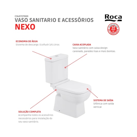 Kit Vaso Sanitário Convencional Com Assento Polipropileno E Acessórios Nexo Branco Roca  - Imagem principal - 029e97ba-3fdd-49c3-8ed5-3d94a82d962f