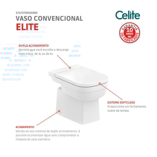 Kit Vaso Sanitário Convencional Com Assento SoftClose PP E  Itens De Instalação  Elite Branco Celite - Imagem principal - 2f00c9e7-16b4-4692-b7bd-058192977b6d