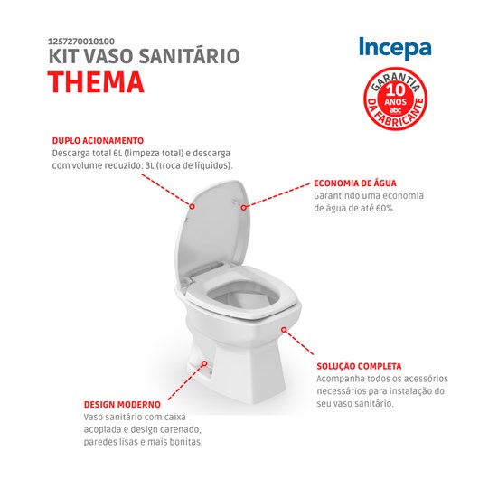 Kit vaso sanitário convencional Com Assento Termofixo E Itens De Instalação thema branco Incepa - Imagem principal - c297dfed-b31a-440d-8041-4df886330b4a