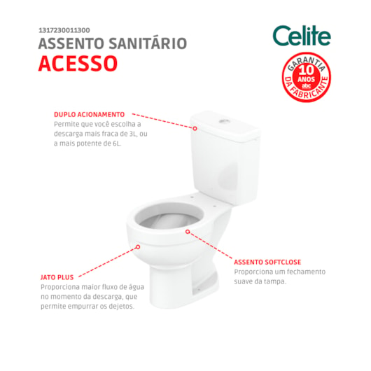 Kit Vaso Sanitário De Acessibilidade Com Caixa Acoplada Assento E Acessórios Acesso Confort Branco Celite  - Imagem principal - 2dd269e3-8737-4dbb-88d0-dd19b60c4670