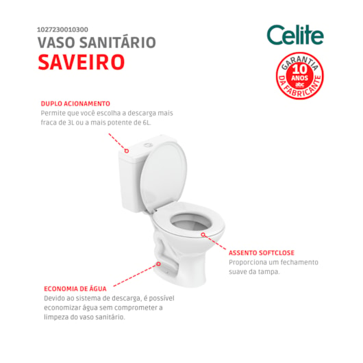 KIT VASO SANITÁRIO E CAIXA ACOPLADA 3/6 LITROS SAVEIRO BRANCO CELITE - Imagem principal - 50f7c282-07c1-4eff-97f2-0a858df82398