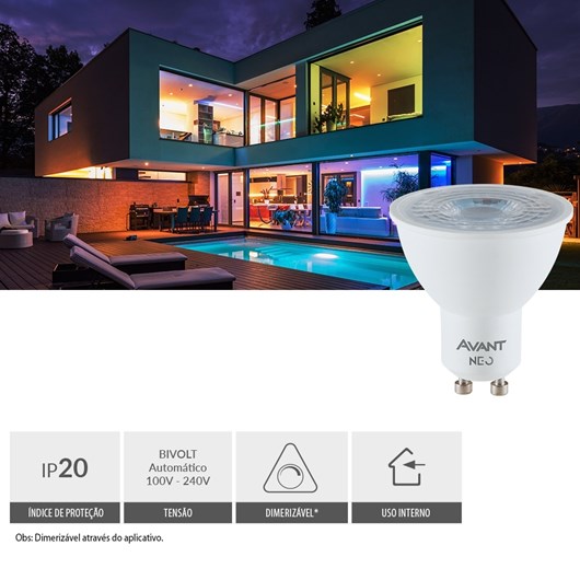Lâmpada Inteligente LED Smart Wi-Fi Dicroica MR16 NEO 5W Luz Dimerizável Amarela-Branca Base GU10 Bivolt Avant - Imagem principal - f11b061f-caa3-4b7c-a687-28eabb775edb