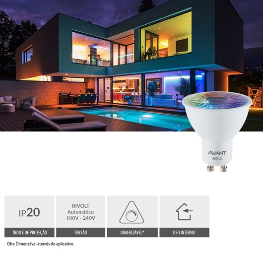 Lâmpada Inteligente LED Smart Wi-Fi Dicroica MR16 NEO 5W Luz Dimerizável Amarela-Branca-RGB Base GU10 Bivolt Avant - Imagem principal - ad112417-3ad2-4895-bf36-b07b177a9c40