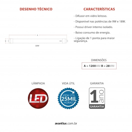 Lampada LED Tubular T8 18W Luz Amarela 3000K Bivolt Avant - Imagem principal - 3c596bce-e5de-4922-8103-6d578bd6e701