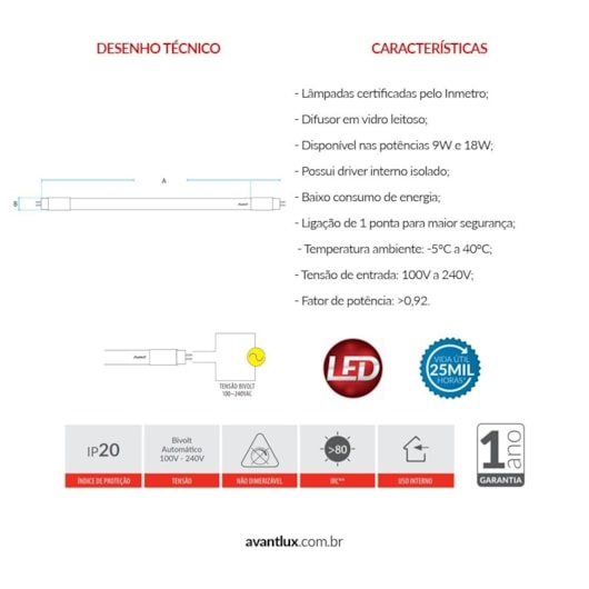 Lampada LED Tubular T8 9W Luz Amarela 3000K Bivolt Avant - Imagem principal - aef8908b-7e63-460e-897e-335a9ed00f51