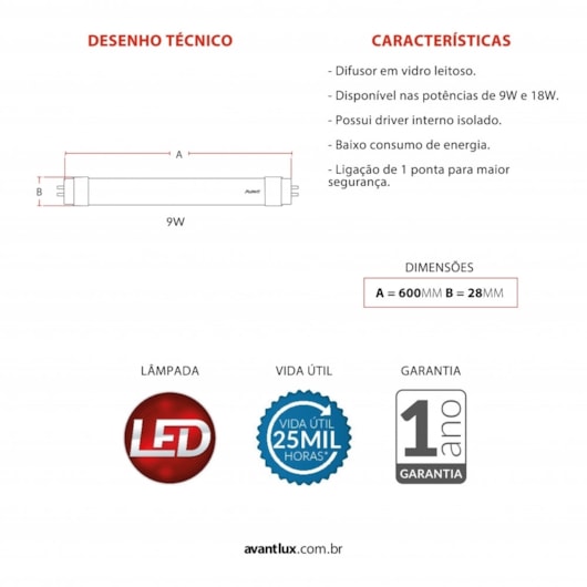 Lampada LED Tubular T8 9W Luz Neutra 4000K Bivolt Avant - Imagem principal - dd8ec292-6e7e-49ae-a053-2eda7fb2cf6c