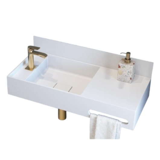 Lavatório Duramatt Suspenso Direito Com Toalheiro Frontal Arles Branco Fosco Acetinado Sabbia - Imagem principal - 7be113ab-2332-400c-9a95-8dbf9bbe33e1