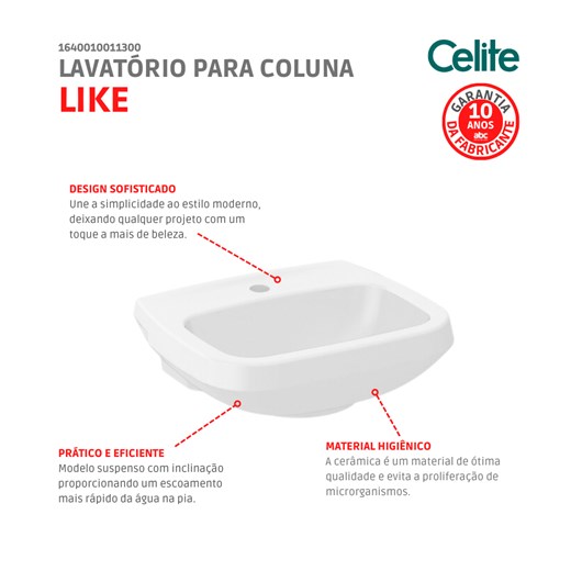 Lavatório Para Coluna Like 50x40cm Branco Celite - Imagem principal - dbcf3a8e-8d29-4c09-9f4c-bfc86817b699