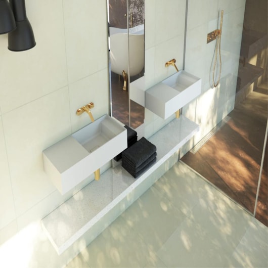 Lavatório Suspenso Duramatt Direito Frontal Com Textura Friso Arles Branco Fosco Acetinado Sabbia - Imagem principal - 77a4e82e-67cf-4489-a1d4-6a2d75f04598