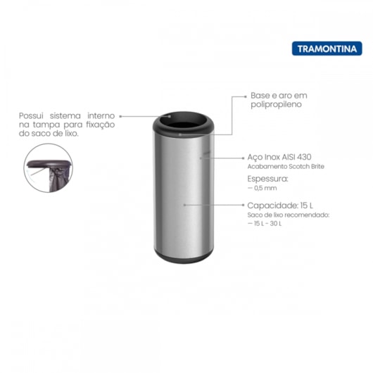 Lixeira Capsula Em Inox Sem Tampa Tramontina 15L - Imagem principal - 45d32f37-be94-44e0-b9ef-15f04006b0bc