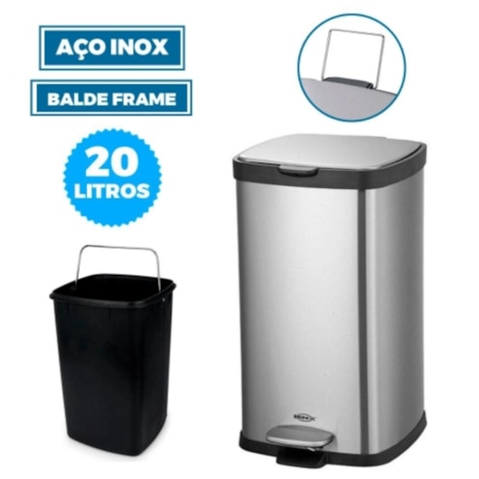 Lixeira Com Pedal E Balde Frame Inox Brinox 20L - Imagem principal - 0e573fc4-6275-4462-b642-ae1f0f3fa0f0