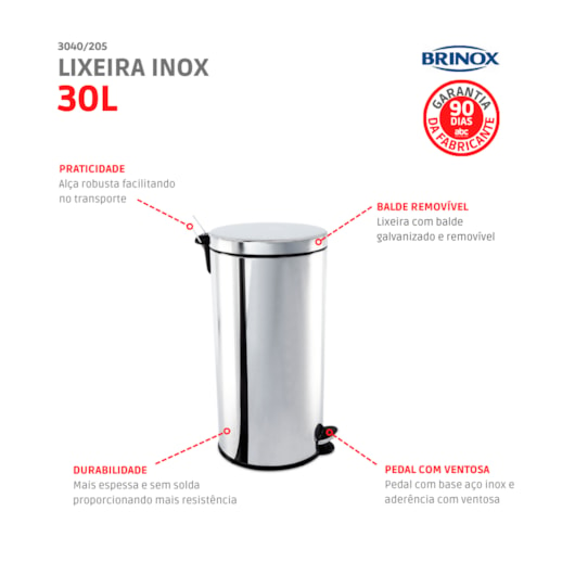 Lixeira Com Pedal e Balde Inox Brinox 30 Litros  - Imagem principal - bf87dab9-9d79-46af-98bc-daf7b8c5dfaa