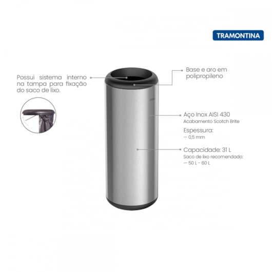 Lixeira Em Inox Capsula Sem Tampa Tramontina 31L - Imagem principal - b9a47ef8-9ca4-4145-8367-bb04eeab788a