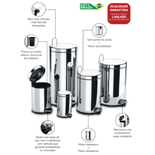 Lixeira Inox Com Pedal e Balde 20 Litros Brinox - Imagem principal - 000b57e2-513f-4b35-908d-d6b643537bae