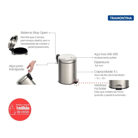 Lixeira Inox Com Pedal Tramontina Brasil Plus Com Acabamento Scotch Brite E Balde Interno Removível 5 L - Imagem principal - 529b886d-8069-437d-8687-b702b00429a1