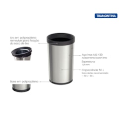 Lixeira Inox Molise sem Tampa com Acabamento Scotch Brite Base e Aro em Polipropileno 50 L Tramontina