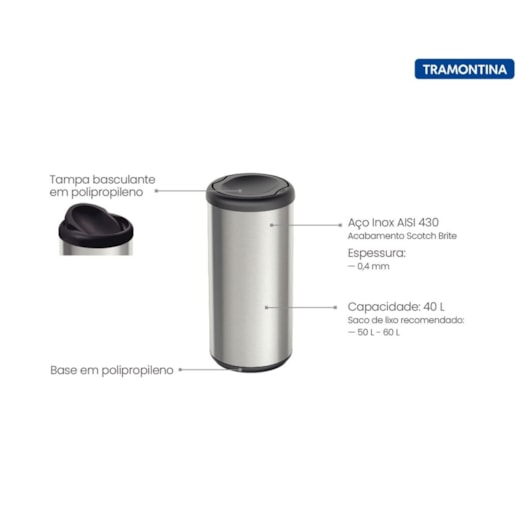 Lixeira Inox Piemonte 40 L com Acabamento Scotch Brite e Tampa Basculante Preta em Polipropileno Tramontina - Imagem principal - 2f7f05e2-4fd2-49d8-9d3d-0bf33f9408ec