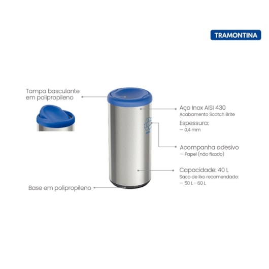 Lixeira Inox Piemonte com Acabamento Scotch Brite e Tampa Basculante Azul em Polipropileno 40 L Tramontina - Imagem principal - 75cc9ab5-9125-486c-8149-f2717e39595d