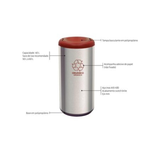 Lixeira Inox Piemonte com Acabamento Scotch Brite e Tampa Basculante Marrom em Polipropileno 40 L Tramontina - Imagem principal - 3a3a7d95-40af-4594-9c93-3078d0f87bde