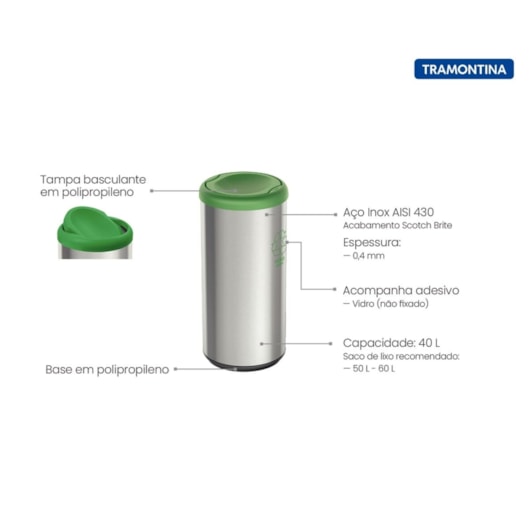 Lixeira Inox Piemonte com Acabamento Scotch Brite e Tampa Basculante Verde em Polipropileno 40 L Tramontina - Imagem principal - 13cea2de-d656-40f7-90ee-e7d730641e63