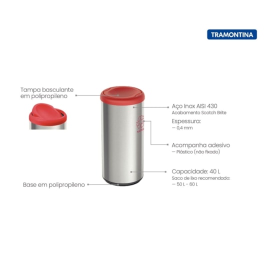 Lixeira Inox Piemonte com Acabamento Scotch Brite e Tampa Basculante Vermelha em Polipropileno 40 L Tramontina - Imagem principal - 486a2c4f-1849-412e-950e-457e3d52bda6