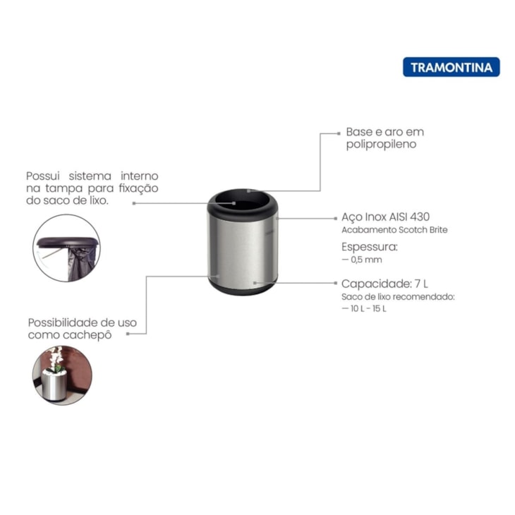 Lixeira Inox Portofino com Acabamento Scotch Brite e Aro e Base em Polipropileno 7 L Tramontina