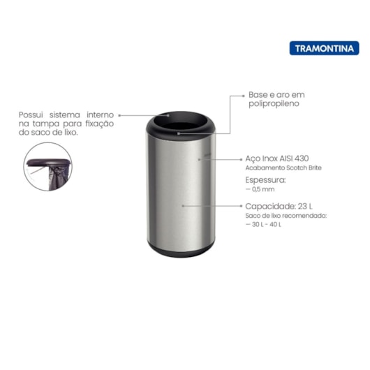 Lixeira Inox Sem Tampa Portofino Tramontina 23L - Imagem principal - aaf9709f-f854-4a79-a411-40c67eedb447
