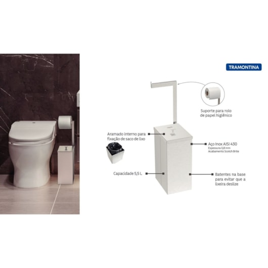 Lixeira Inox Slim 5.5 Litros E Suporte Para Papel Tramontina - Imagem principal - b62340a6-5a56-48c1-ae51-9e8c52cc8824