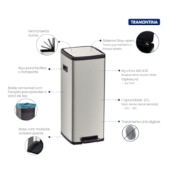 Lixeira Octos em Aço Inox com Balde Removível e Pedal Tramontina 20L