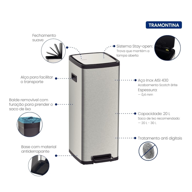 Lixeira Octos em Aço Inox com Balde Removível e Pedal Tramontina 20L