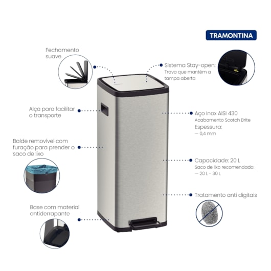 Lixeira Octos em Aço Inox com Balde Removível e Pedal Tramontina 20L - Imagem principal - f8f54cf3-7dc9-4b67-8b13-ec3b5889b936