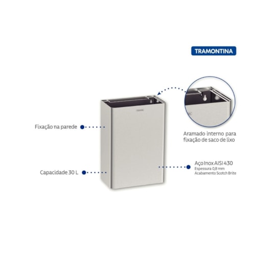 Lixeira Wall 30 L em Aço Inox Tramontina - Imagem principal - 0dc27e73-3de9-4704-acb5-33f68e1f2f30