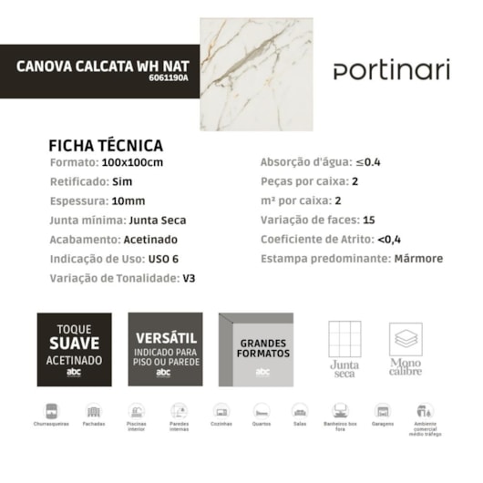 Loes Porcelanato Portinari Canova Calacata Wh Natural 100x100cm Retificado - Imagem principal - 0ec9b5b8-0eee-4b63-a604-6ed30b7a302e