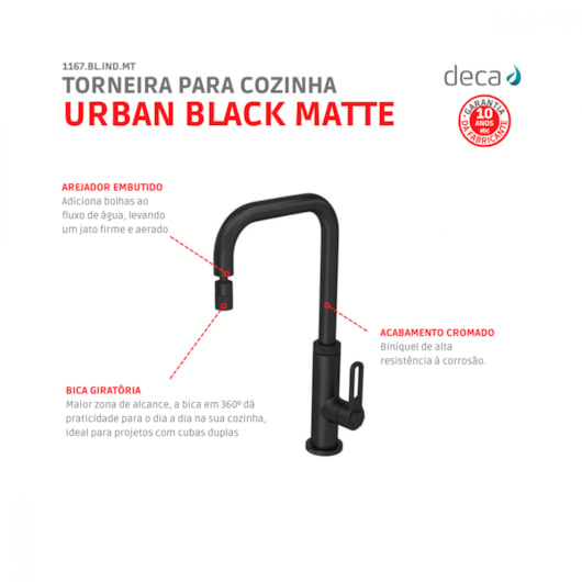 Loes Torneira De Mesa Para Cozinha Com Bica Móvel Urban Black Matte Deca - Imagem principal - 6db63fa5-e696-435a-8e53-a0b2a08fb4e5