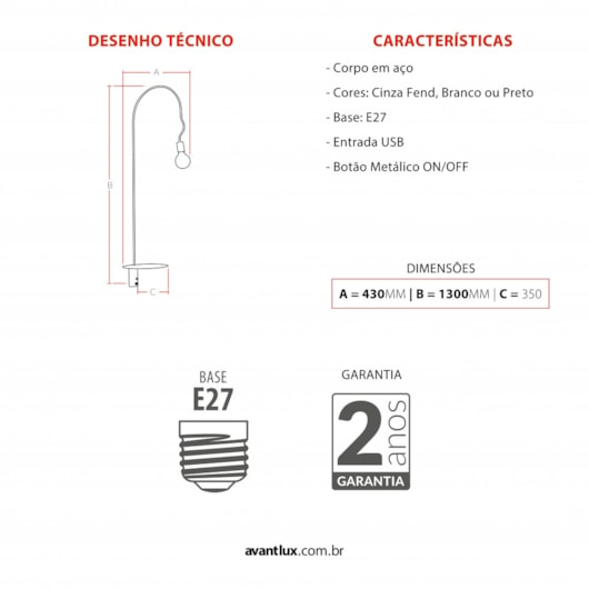 Luminária Coluna Aramis Preto Fosco Usb Avant 1xe27 - Imagem principal - 149dbc5d-daf8-4938-b127-dd55c47a4411