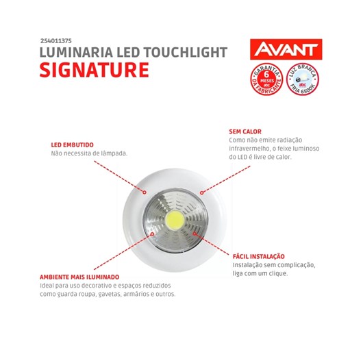 Luminária Led Touchlight Signature 1,5W Redonda Luz Branca 6500k 3 Pilhas AAA Avant - Imagem principal - a5128602-16fb-414a-af27-23a95410f8fa