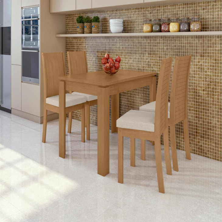 Mesa Com 4 Cadeiras Amêndoa Clean E Linho Rinzai Bege Móveis Lopas 120cm