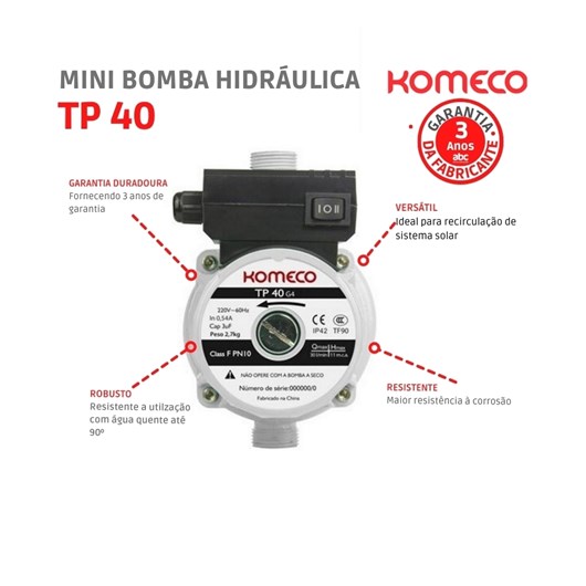 Mini Bomba Hidraúlica Pressurizadora de Água Tp40 G4 Ferro 220v 60hz Komeco - Imagem principal - 9703c629-1be1-4de7-a5a7-ea1c4610be18