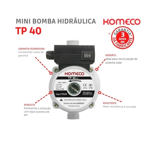 Mini Bomba Hidraúlica Pressurizadora de Água Tp40 G4 Ferro 60hz Komeco 220v - Imagem principal - c4d3e47a-6f11-4f96-9fb6-9f3ab32bad04