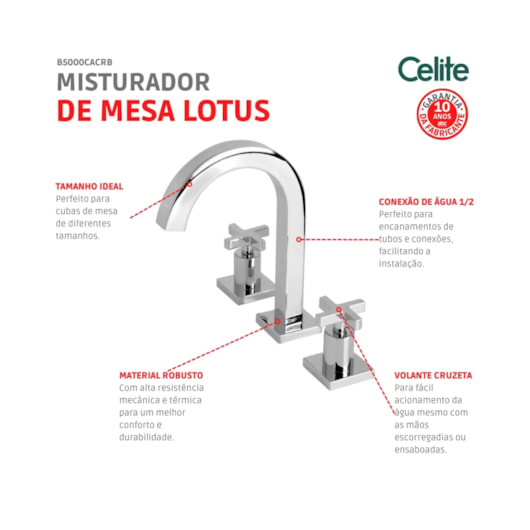 Misturador Com Válvula Para Lavatório De Mesa Lotus Bica Alta Cromada Celite - Imagem principal - 206b8654-e268-4a84-811a-097e370c8a2a