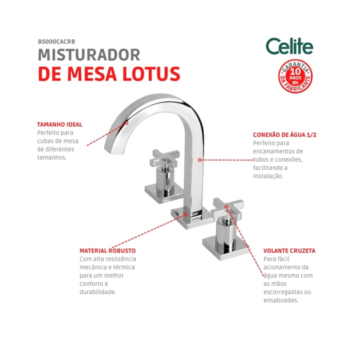 Misturador Com Válvula Para Lavatório De Mesa Lotus Bica Alta Cromada Celite