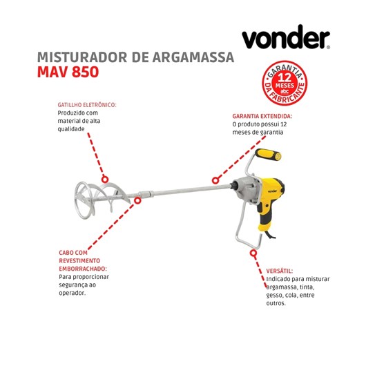 Misturador De Argamassa MAV 850 127V Vonder                                                    - Imagem principal - 93bb38b9-8251-4abb-bada-33f869f18ade