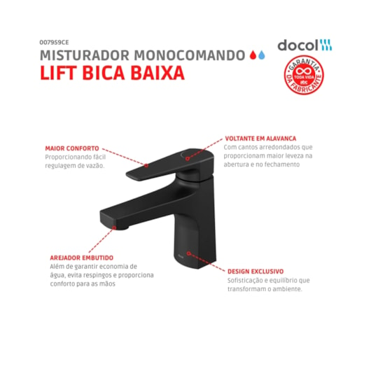 Misturador De Mesa Monocomando Para Lavatório Bica Baixa Lift Ônix Docol - Imagem principal - 8dad7c51-5ce2-4537-a474-6bd439247f9d