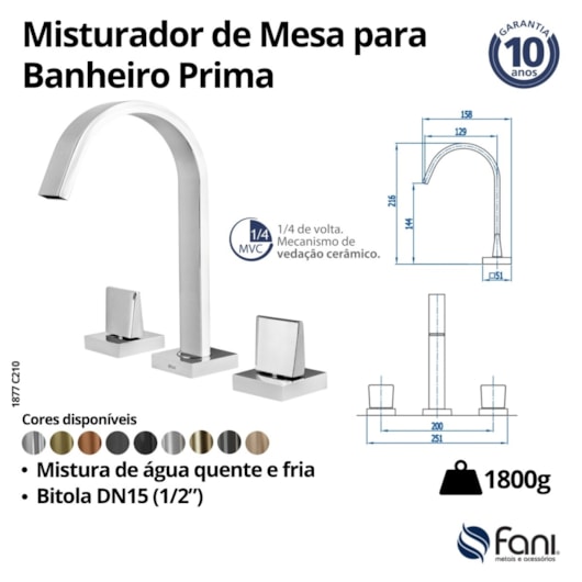 Misturador de Mesa para Banheiro e Lavabo Prima 1877 OV210 Ouro Velho DN 15 1/2 Fani - Imagem principal - 6a452ad1-d18d-4009-acfa-ba5129bb7199