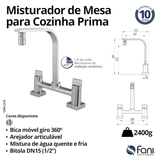 Misturador de Mesa Para Cozinha Bica Móvel 360° Arejador Articulável Prima 1256 C210 DN 15 1/2