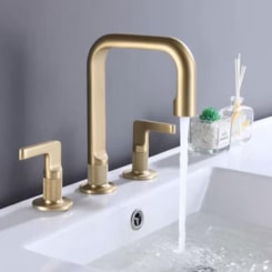 Misturador De Mesa Para Lavabo Duplo Comando Bica Alta Ouro Escovado Lexxa